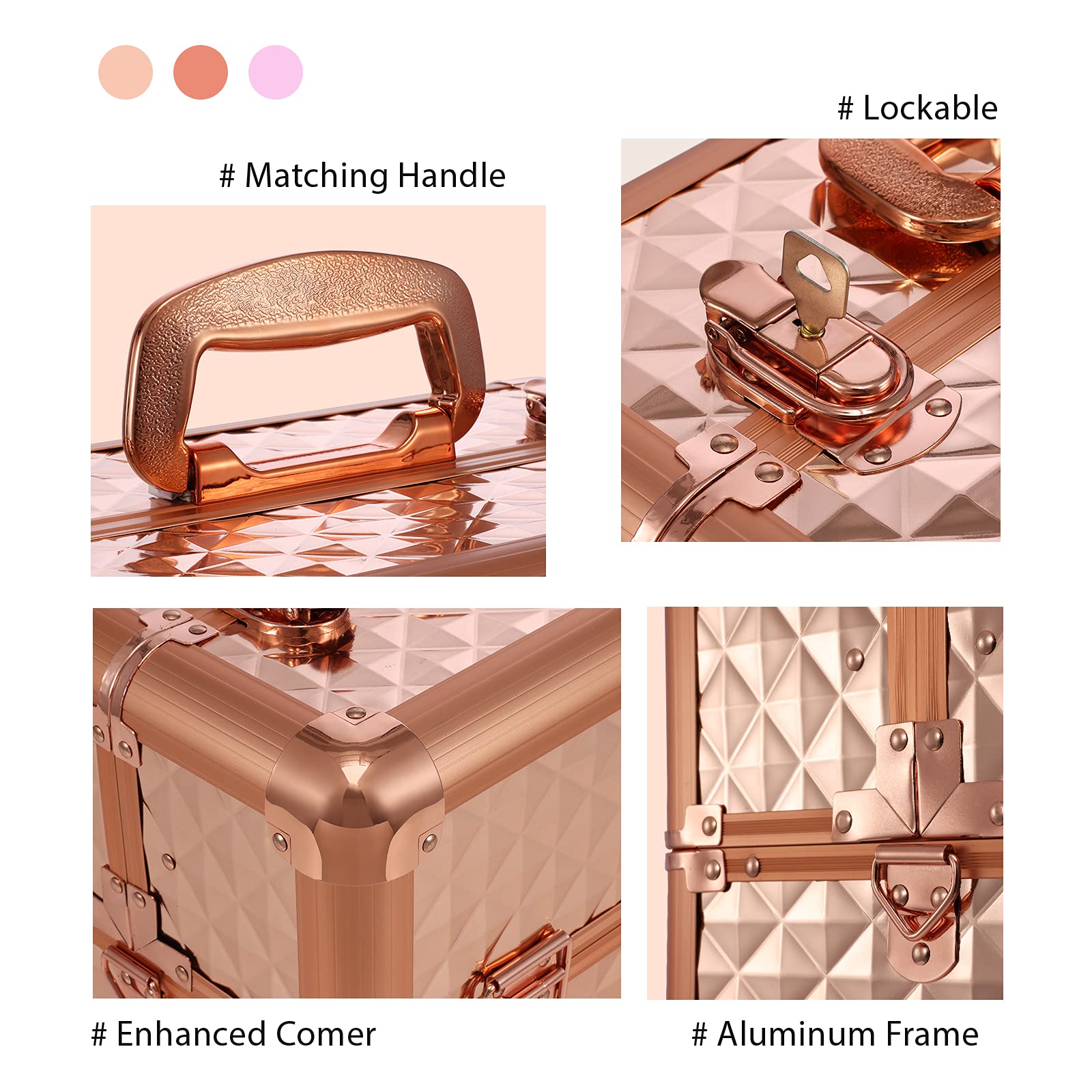 Mallette Maquillage Grande Vanity MaquillageMallette Rangement Maquillagey Vide Mallette à Onglerie en Aluminium avec Bandoulière Beauty Case de Voyage Make up Case, Or Rose