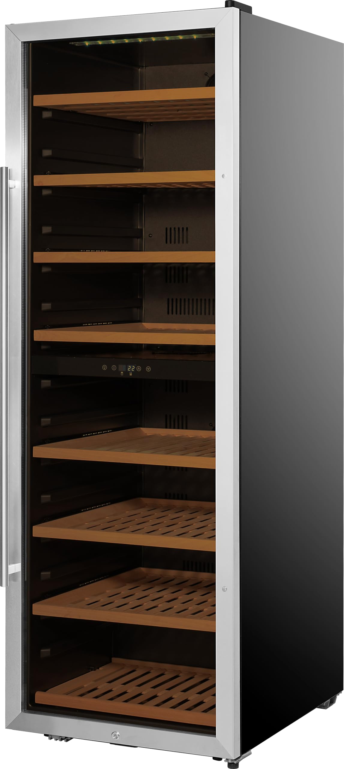 METRO Professional Vinoteca GWC1171D, acero inoxidable/vidrio, 8 estantes de madera, termostato digital, para 171 botellas de vino, con cerradura, negro/plateado
