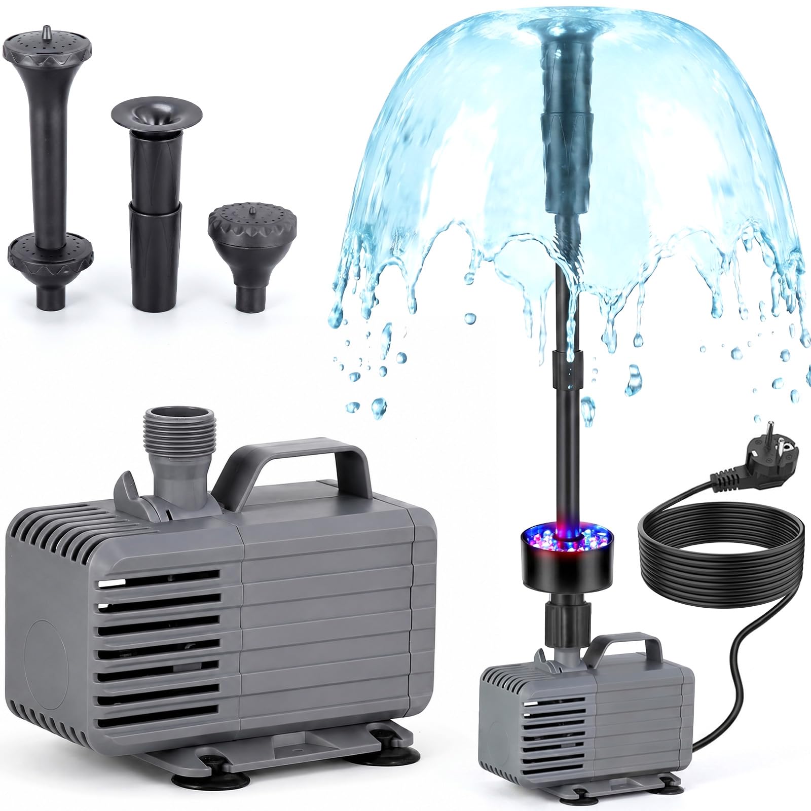 Pompa per laghetto per fontane, per esterni, 220 V, con flusso regolabile da 3200 l/h, 3 ugelli, illuminazione a LED, silenziosa, a risparmio energetico, ideale per laghetti, bacine e giochi d'acqua