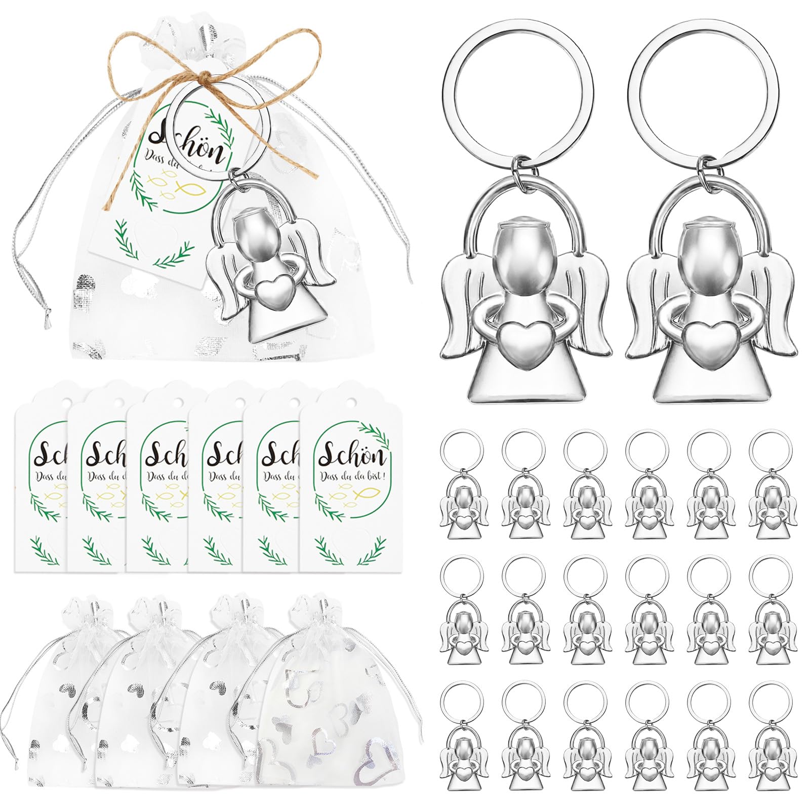 30PCS Schutzengel Schlüsselanhänger Glücksbringer,Glücksbringer Engel Herz Anhänger, Gastgeschenke Schutzengel Anhänger für Hochzeit Abschiedsgeschenk Weihnachtsgeschenke,Taufe,Kommunion (Silber)