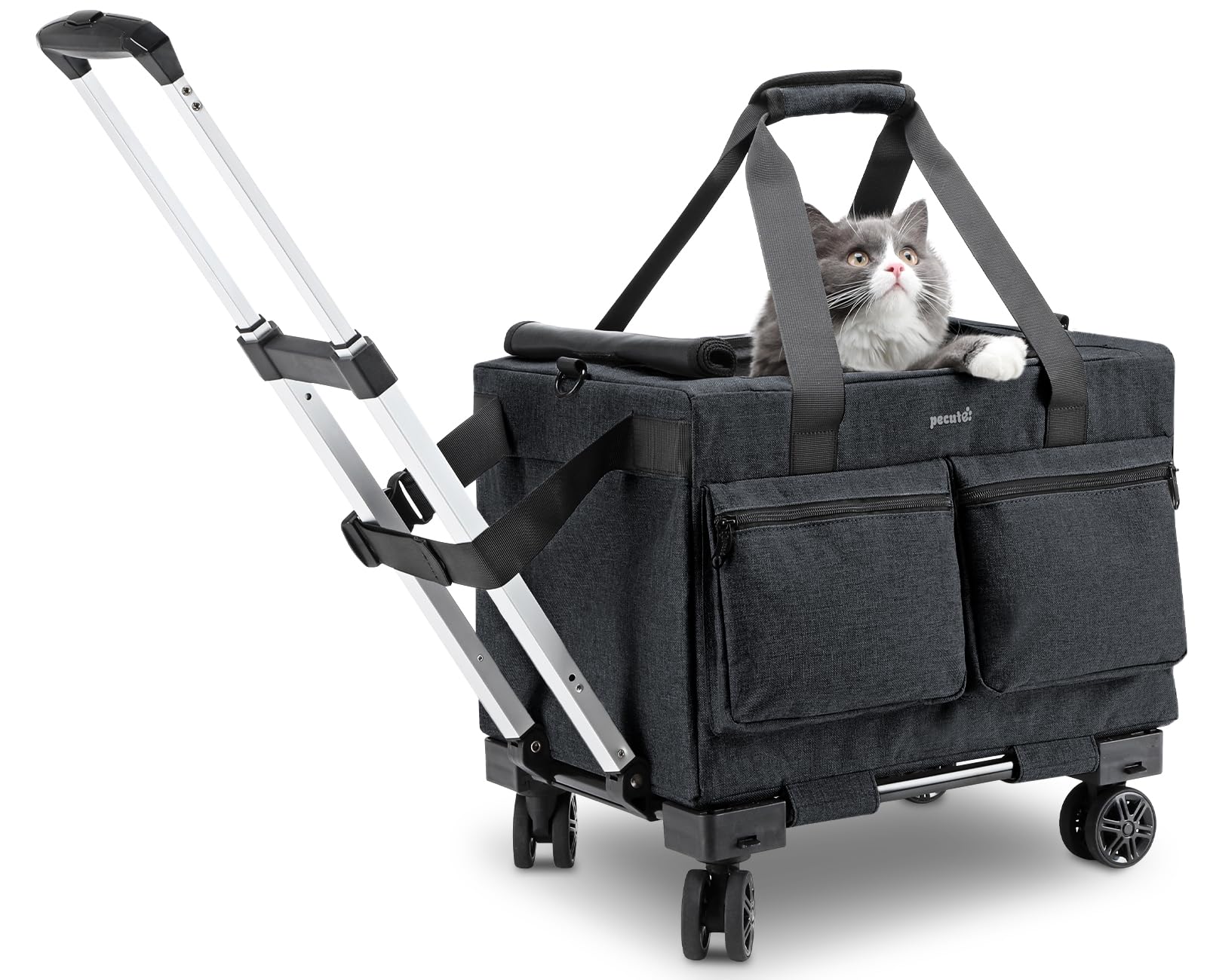 Pecute Cat Carrier with Wheels,Steel Wire Frame Cat Carrier, Stable Pet Trolley Bag for Cats, Pet Handbag and Stroller Bag, Portable Cat Carrier Bag for Car Travel Bus Subway, Dark Grey