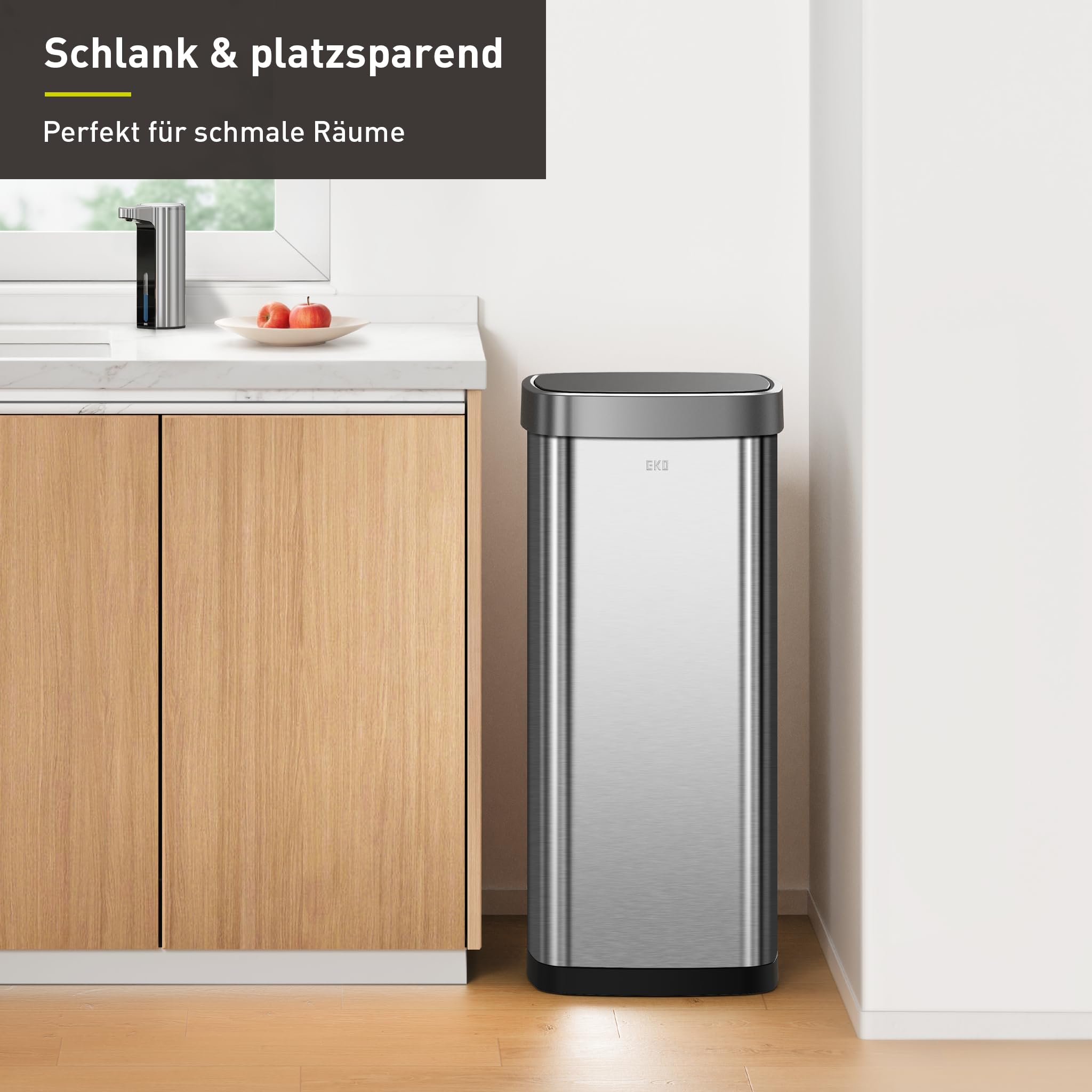 EKO EcoSmart 80L Sensor Mülleimer, großer hoher automatischer Abfalleimer, Soft-Close Deckel, fingerabdruckfrei, speziell für Ecken konzipiert, Edelstahl, elektrischer Mülleimer für Küche und Haushalt