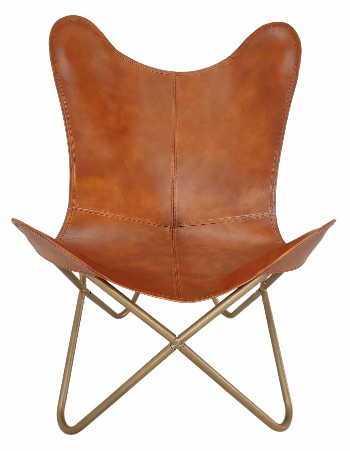 THE CHARMIKA Tan Brown Leather Butterfly Chair Comfortable Arm Rest