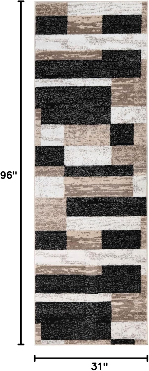 superior indoor runner rug, jute backed, modern geometric patchwork floor decor for bedroom, office, living room, entryway, kitchen, hardwood floors, rockwood collection, 2' 7" x 8', ivory-beige ivory-beige 2'7" x 8' (runner)