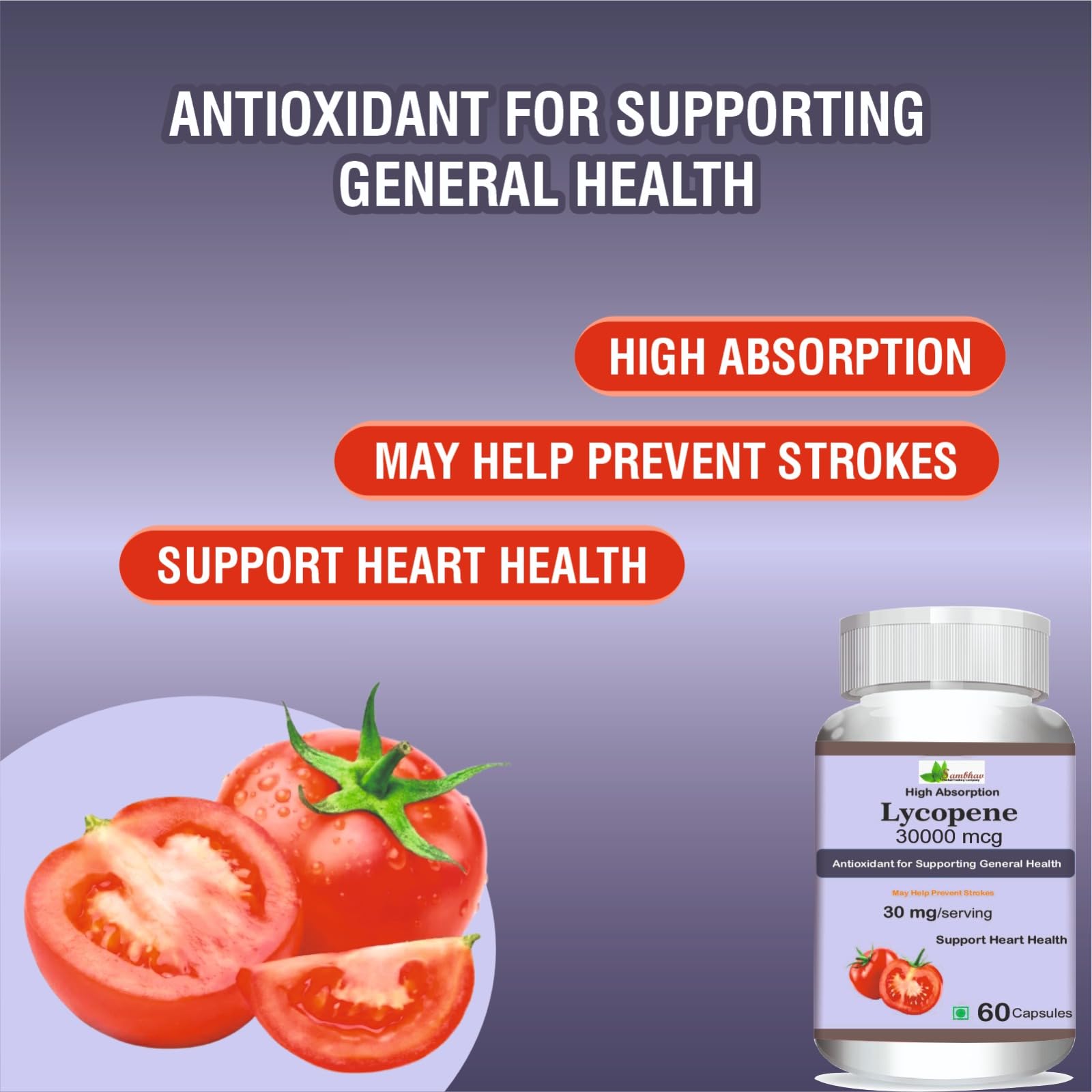 Sambhav Herbal Lycopene 30 mg β Antioxidant for Heart & General Health, 60 Capsules | Herbal Wellness Support 2