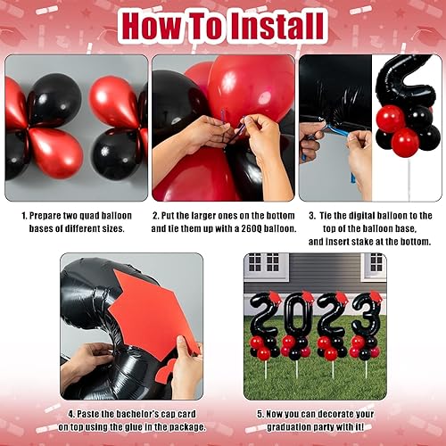 Miniatura 6 de Decoraciones de fiesta de graduación 2023  Letreros de globo negro y rojo 2023 con tapa para la universidad, escuela secundaria, graduación, patio,
