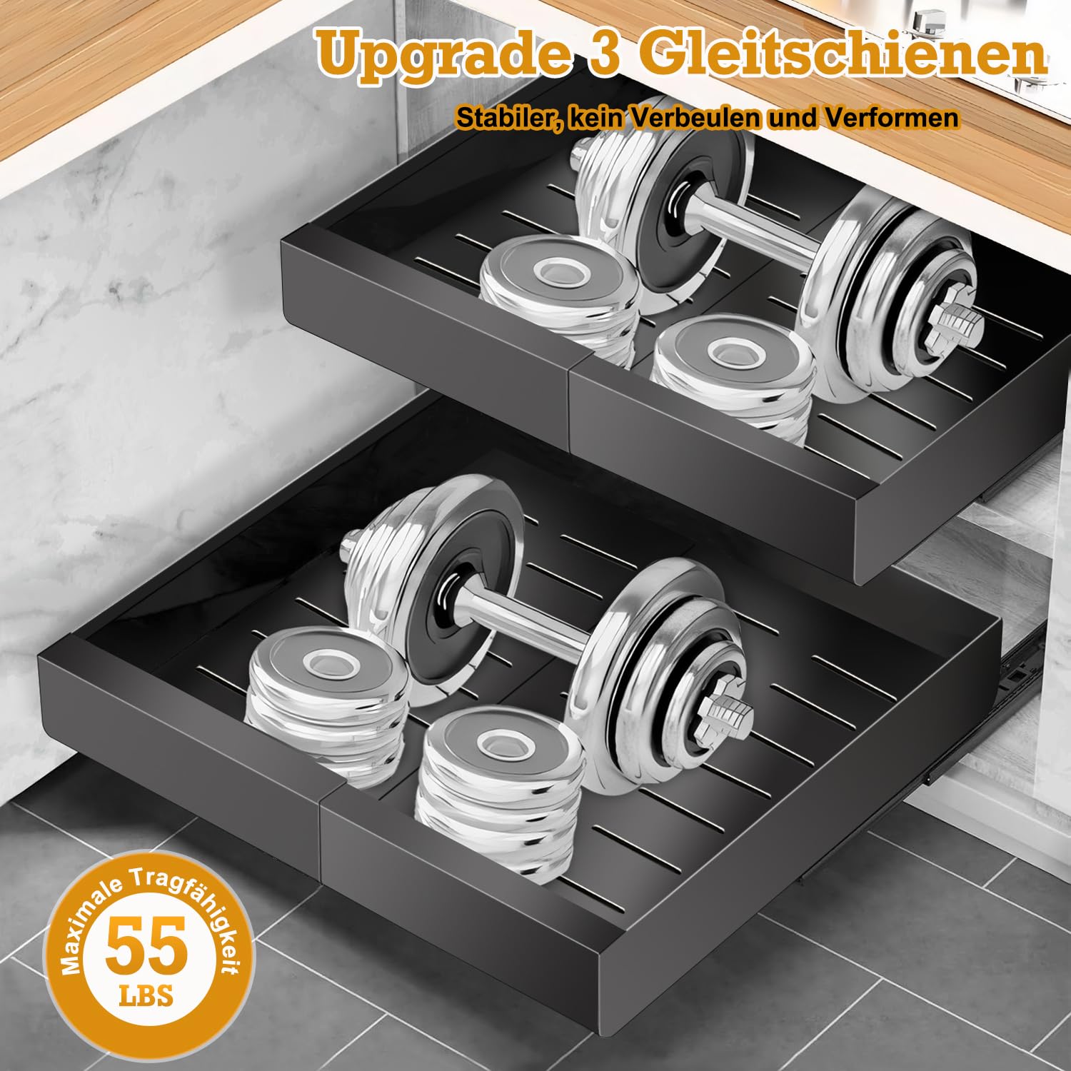 2 Stück Teleskopschublade, Ausziehbare Schublade, Küchenschrank Organizer | für Küchenschränke, Schubladen Aufbewahrungsregale (32–48 cm B x 42 cm T x 6 cm H), Kein Bohren und Nageln Erforderlich