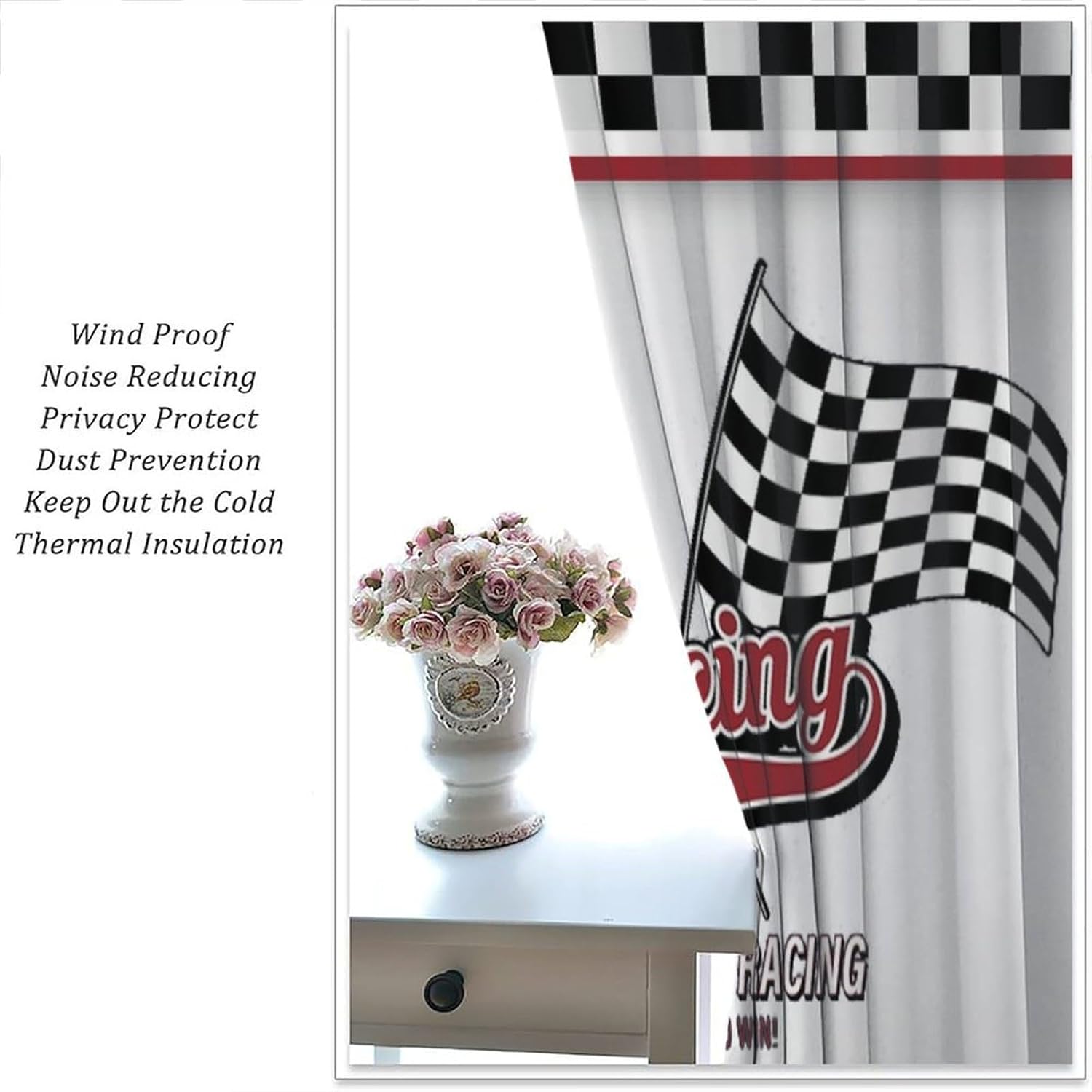Racing Car Curtains, Vintage Extreme Speed Sports Automobile Competition Black and White Checked Flag Pattern Drapes, Blackout Rod Pocket Window Treatments for Living Room Bedroom Bathroom 42x45in