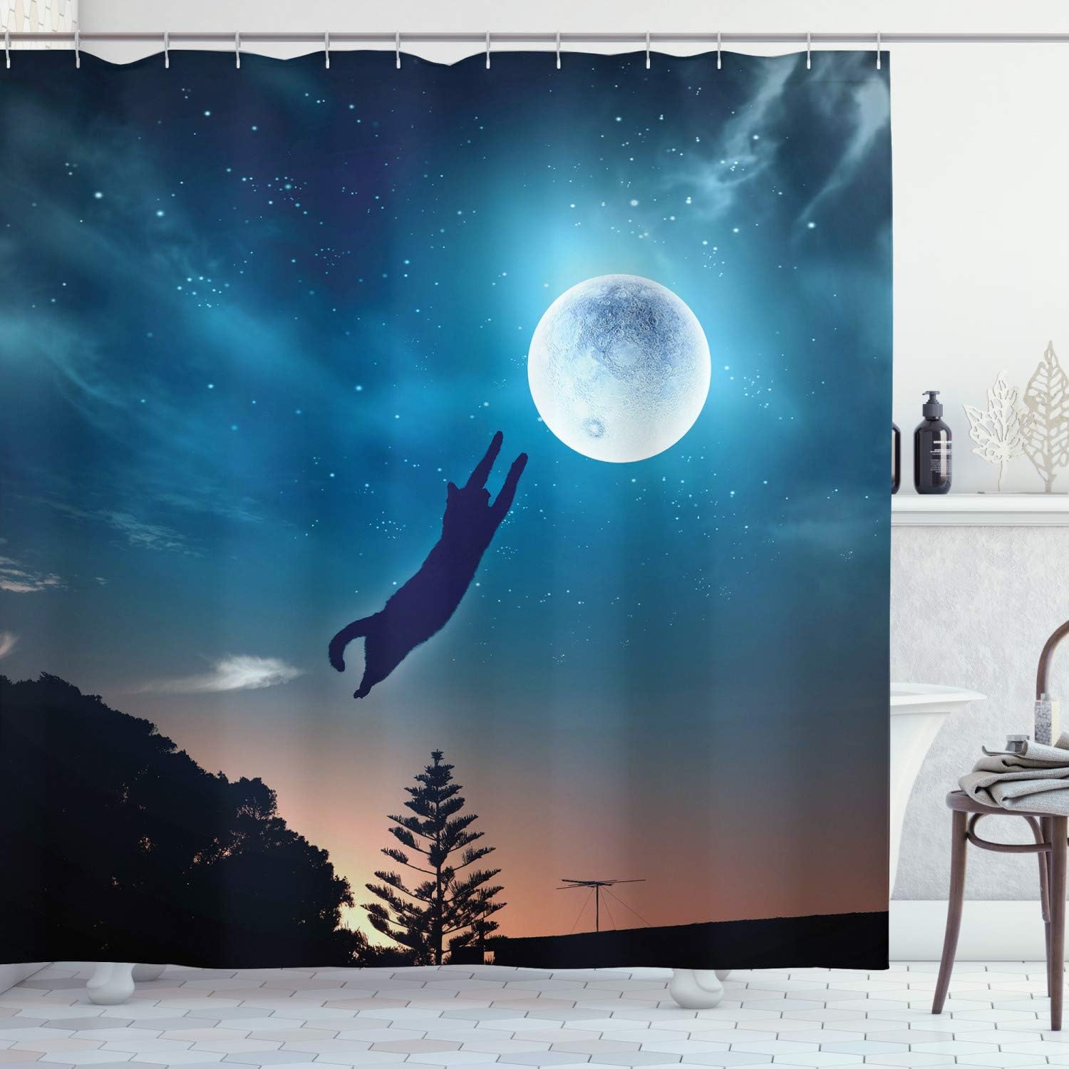 Ambesonne Cat Shower Curtain, Silhouette of a Pet Jumping in The Air Catching Moon at Night Sky Stars Fantasy Artwork Kitty Print, Fabric Bathroom Decor Set with Hooks, 69" W x 75" L, Blue Magenta