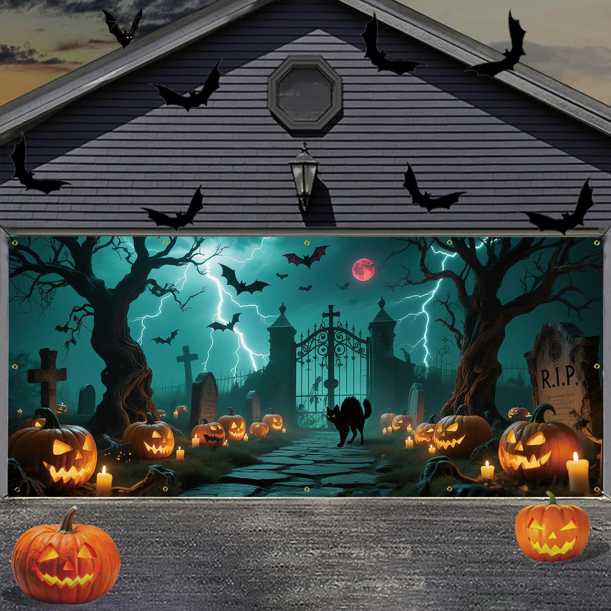 Vrainito 7 x 16 ft Halloween Garage Door Cover, Garage Door Decorations, 2025 Garage Door Halloween Cover, Large Outdoor Decorations for Parties & Photography Background (Midnight Castle)