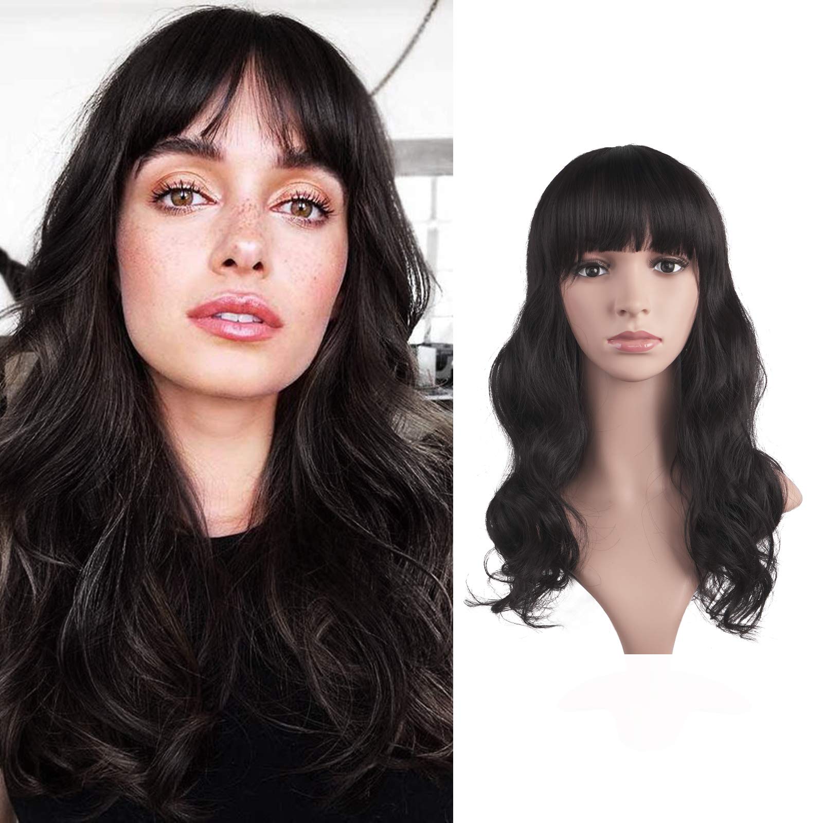 PEACOCOLong Curly Wigs Synthetic Glueless Natural Wavy Wig for Women, Bob Cosplay Wig 16 Inch Heat Resistant Hair Wig With Bangs for Girl Costume Wigs （Dark Brown）