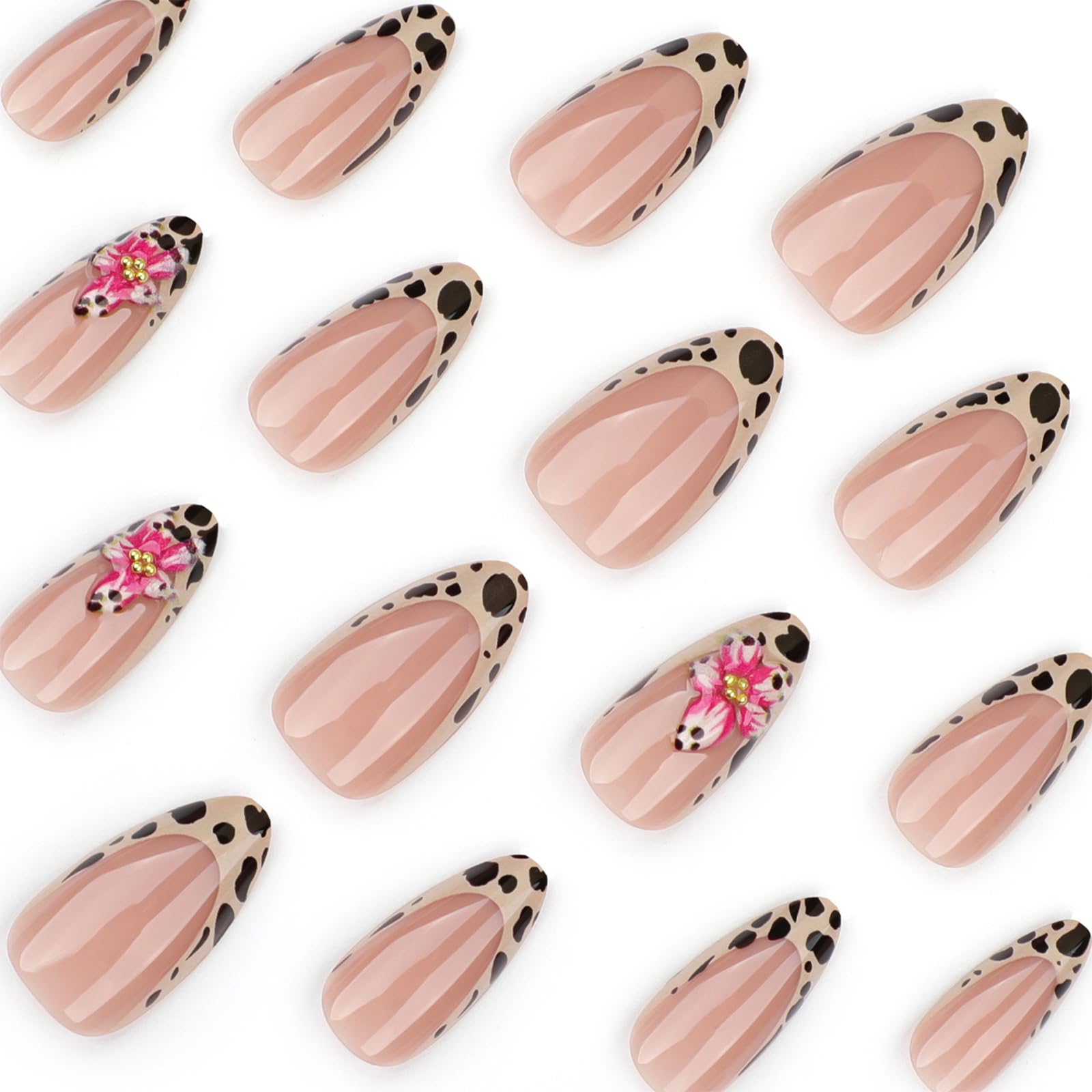 Unghie finte a mandorla corta a pressione sulle unghie finte floreali leopardi francesi unghie acriliche set unghie alla moda decorazione per le donne