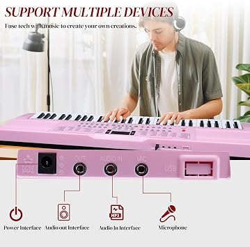 Ktaxon 61 Key Keyboard Piano Electric Keyboard with Lighted Keys | Electric Piano Set with Headphones, Microphone, Music Rest, Power Adapter, Stand, Piano Bench, Stickers & Manual (Full-Pink)