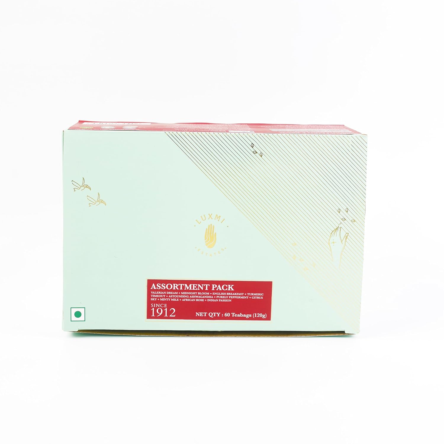Luxmi Estates - Assortment Pack (60 tea bags *2g each)| 120g pack | Valerian Dream, Midnight Bloom, Turmeric Timeout, Astounding Ashwagandha, Purely Peppermint, Citrus Sky, Minty Mile, African Rose, Indian Passion