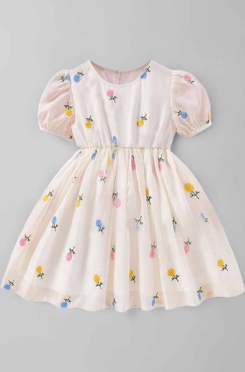 TAGAS Girls Swiss Dot Floral Print Dress Sleeve Less Round Neck Elastic Waist Dress for Girls(KD-399)