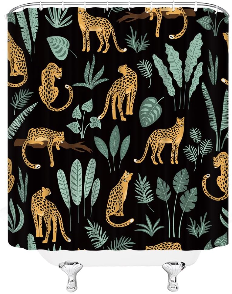Leopard Shower Curtain Cheetah Tropical Palm Leaf Jungle Rainforest Wildlife Animal Asian Black Home Fabric Bathroom Decor Set Include Hooks,(70" Wx74.8 H)