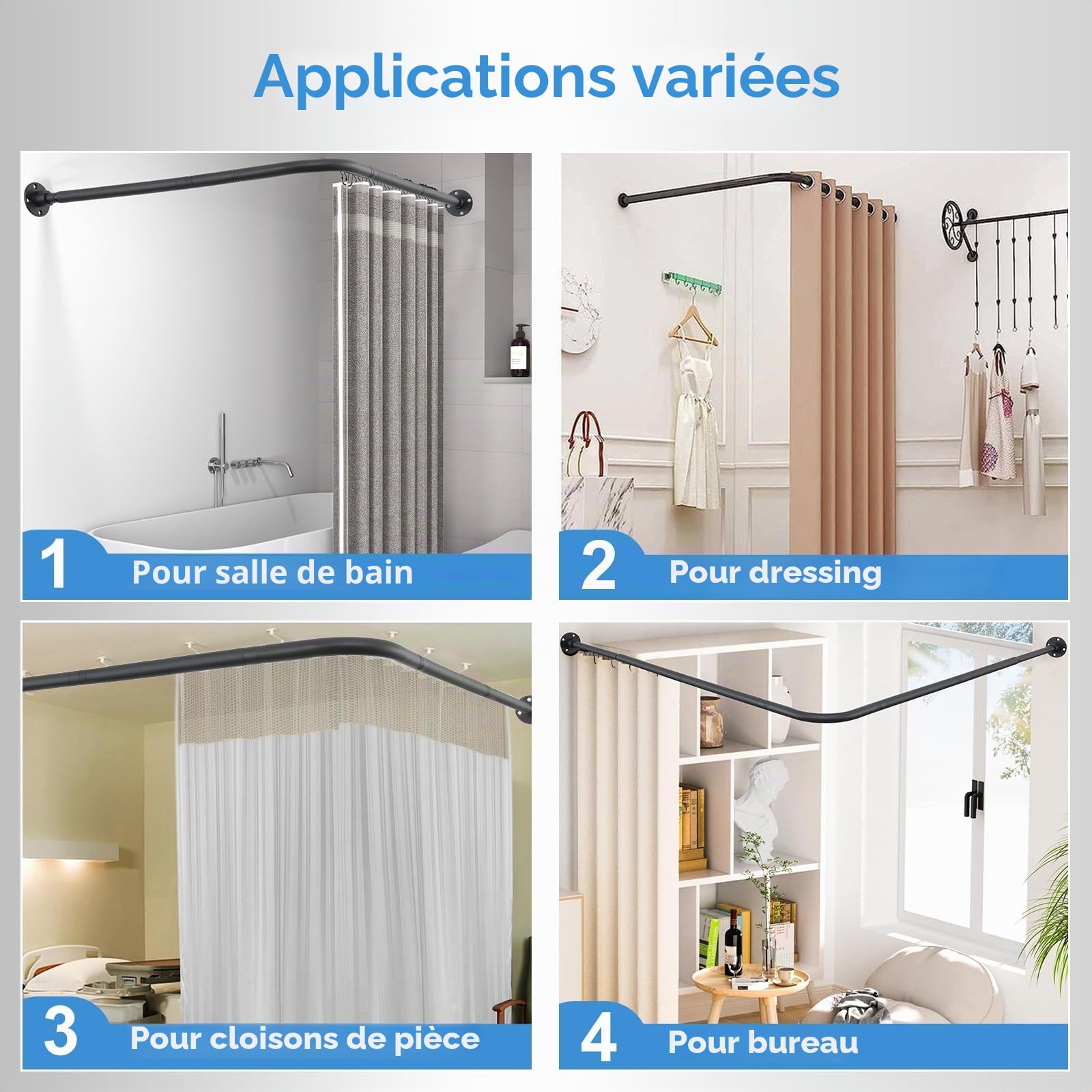 L Forme Tringle à Rideau de Douche, Extensible Angle Barre De Douche Inox, 60-138 cm Réglable Barre Rideau Douche pour Salle de Bain Baignoire,Magasin de Vêtements, Espace Privé,Installé Par Perçage