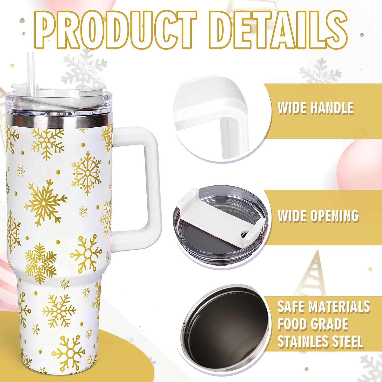 Whaline 40oz Christmas Tumbler with Handle Straw and Lid White Gold Snowflake Travel Tumbler Coffee Cup for Xmas Winter Holiday Party Home Office - Image 3