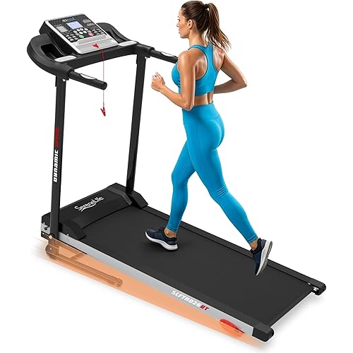 SereneLife Electric Folding Treadmill Exercise Machine - Smart Compact Digital Fitness Treadmill Workout Trainer w/Bluetooth App Sync, Manual Incline Adjustment, for Walking, Running, Gym