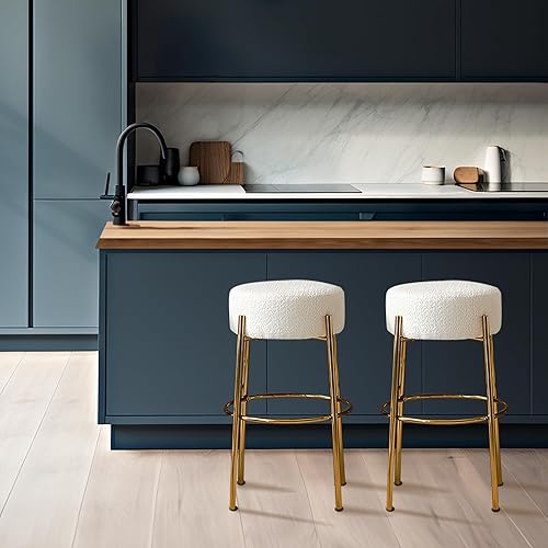 Miniatura 3 de Dolonm Juego de 2 taburetes de bar redondos de 30 pulgadas, tapizados de tela de peluche, sillas Bouclé y sherpa, taburetes de isla de cocina sin