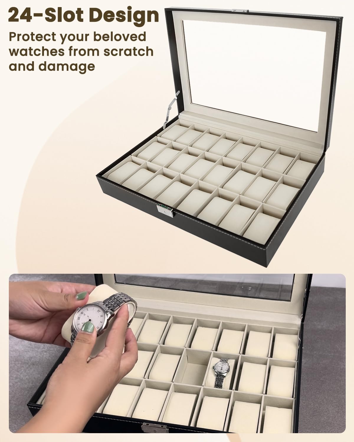 Watch Box 24 Slot, PU Leather watch cases for men, Women, Watch Display Case with Removable Pillows for Watches, Jewelry