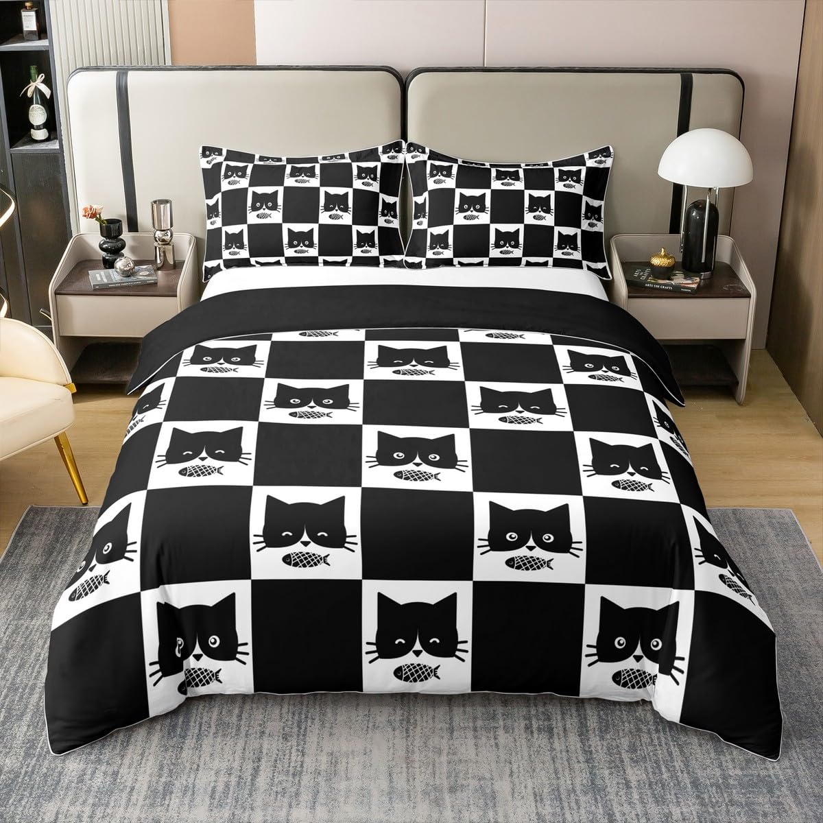 100% Cotton Black White Cat Super King Duvet Cover 3 Pcs Patchwork Geometric Plaid Decor Bedding Set for Kids Boys Girls Teens Cartoon Fish Cute Kitty Comforter Cover,2 Pillowcases(No Comforter)