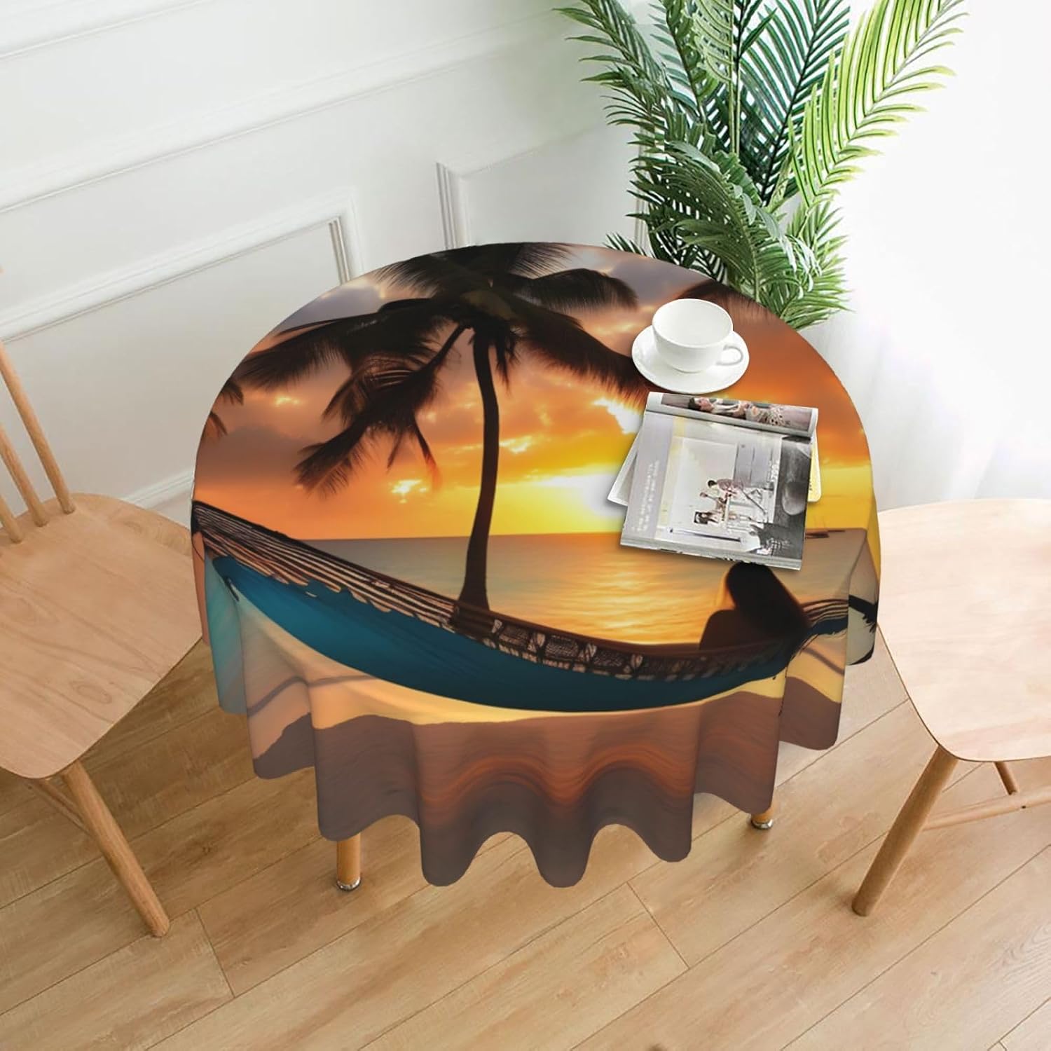Coconut Beach Sunset Hammock Print Wrinkle Free Dining Table Cover for Birthday Party Farmhouse Tablecloths Up to 60 x 60 Inches