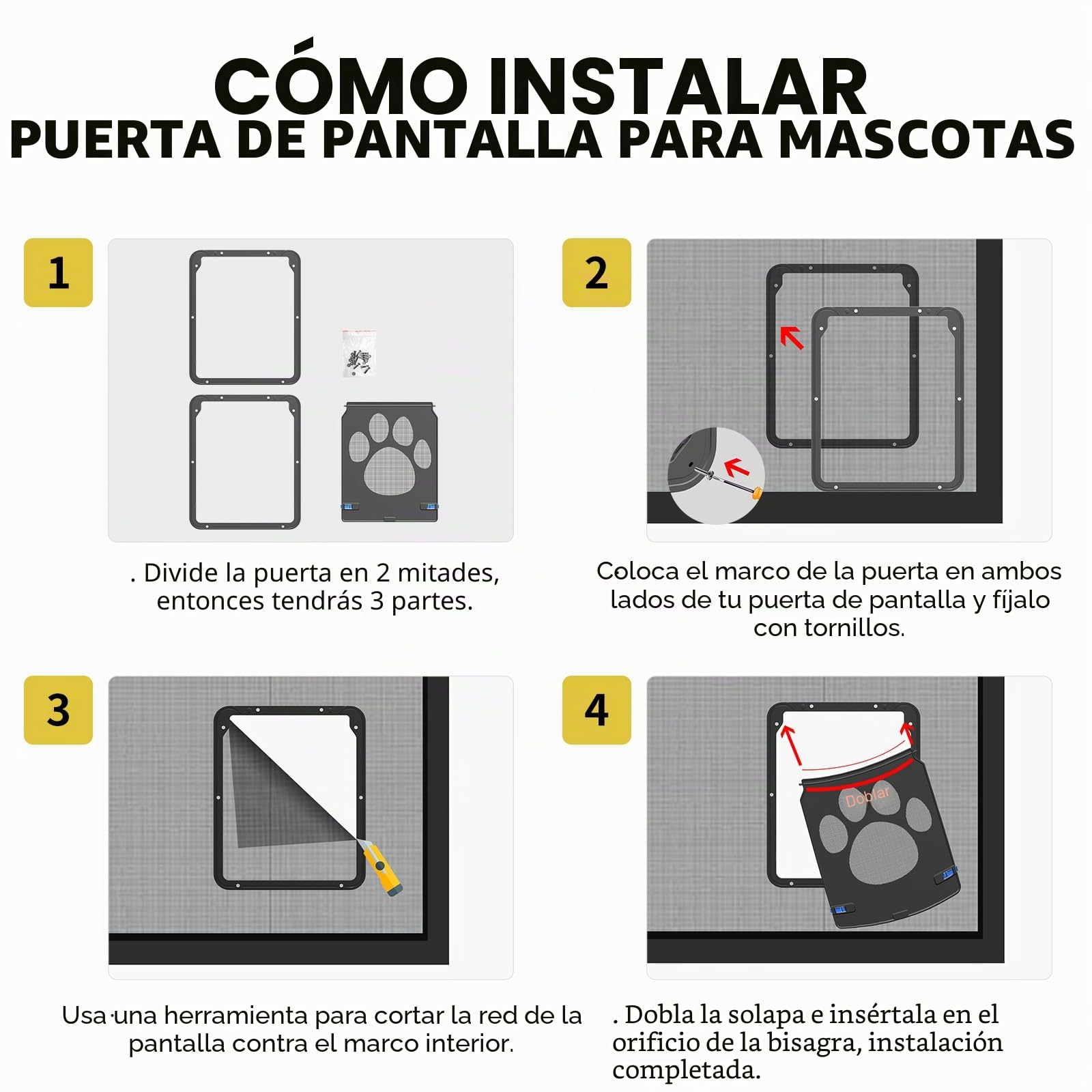 ENJOYING Puerta Gatos Mosquitera, Puerta Perro Pequeños Mosquitera con Página Magnética, Puerta Mascotas para Puerta Corrediza Ventana, Apagado Automático, Cerrable, Negro