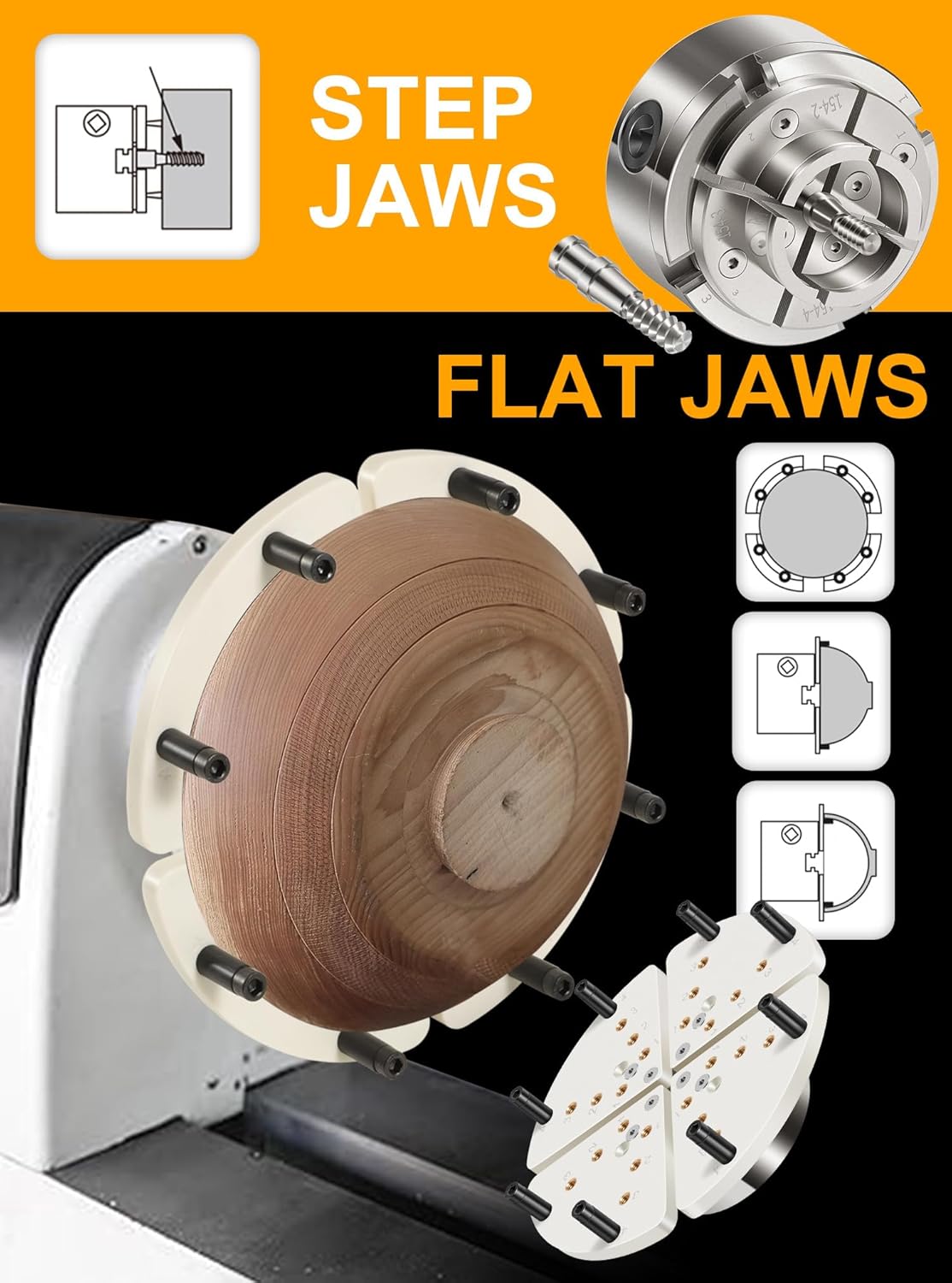 4 Inch Wood Lathe Chuck Set 1" x 8 tpi Thread & 3/4"x16 tpi Adapter, Self Centering 4 Jaw Wood Turning Chuck set with 3 frequently used types of Jaws