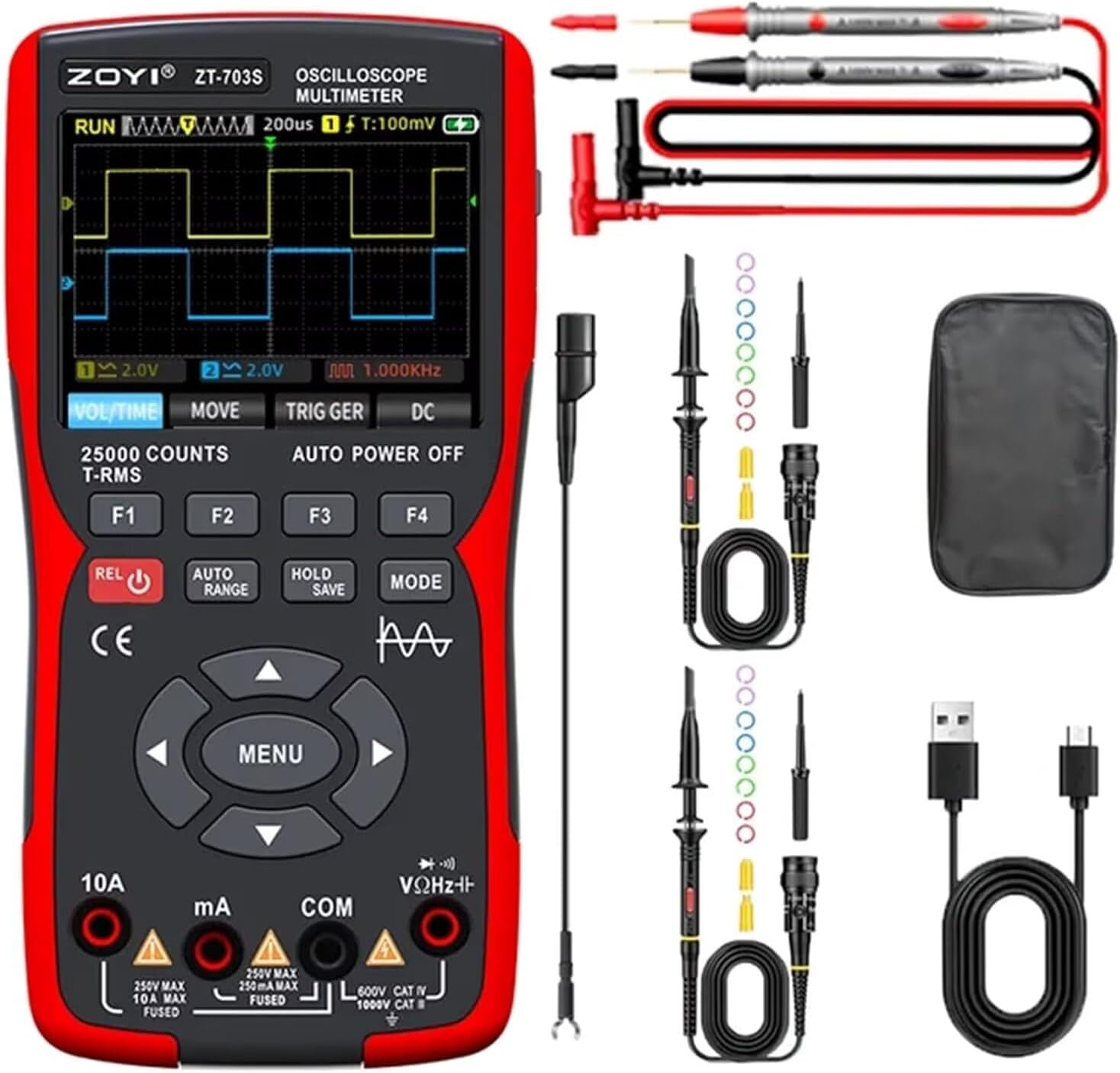 703S 3-in-1 Handheld Oscilloscope Multimeter DDS Generator, Dual Channel 50MHZ Bandwidth, 280MSa/s High Sampling Professional Oscilloscope, 25000 Count Digital Multimeter, Voltmeter, 2*P2060 Probes