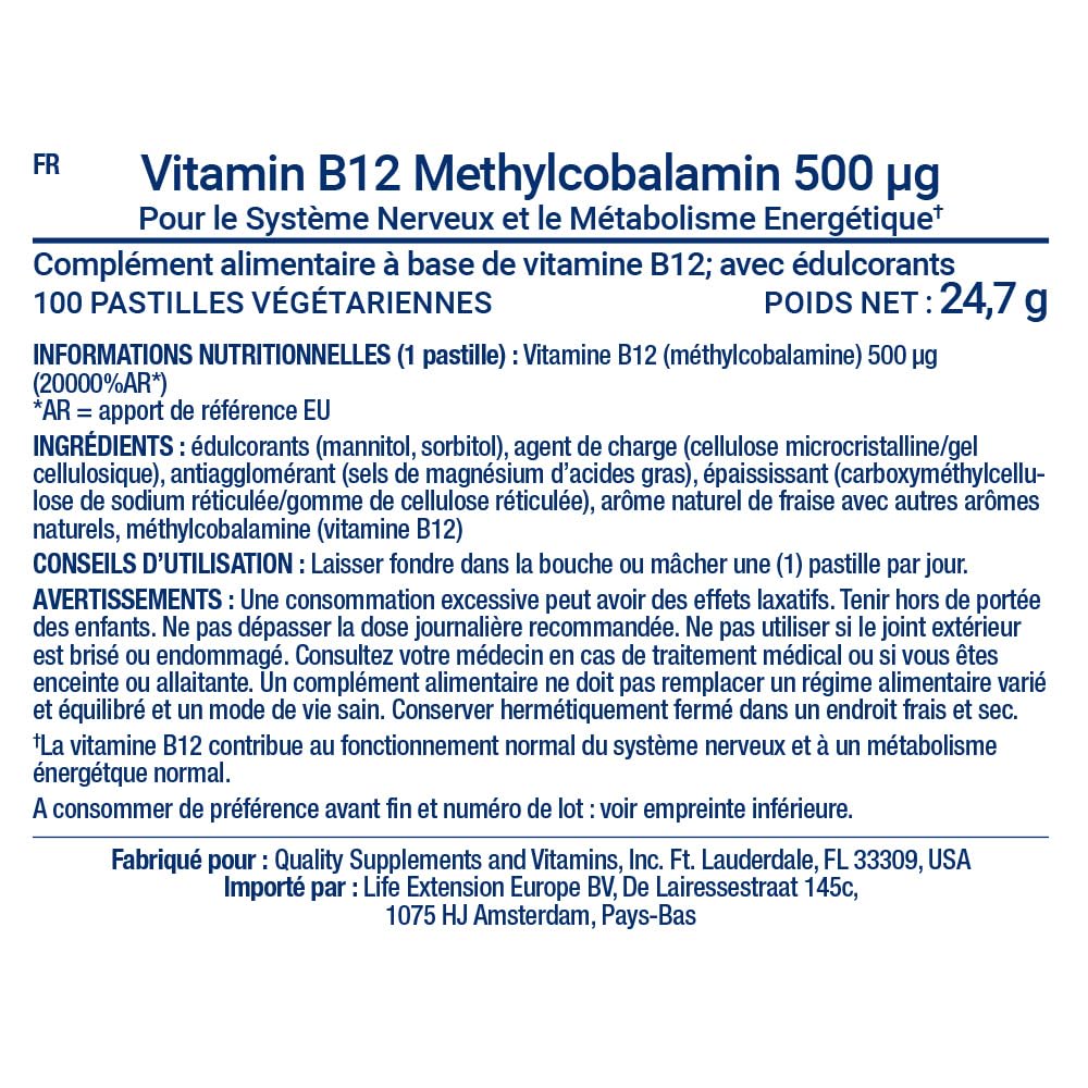 Life Extension - Vitamine B12 Méthylcobalamine 500 mcg, 100 Comprimés à Sucer Végétariens – Soutien pour l'Énergie, le Système Nerveux, le Métabolisme de l'Homocystéine et la Formation Sanguine