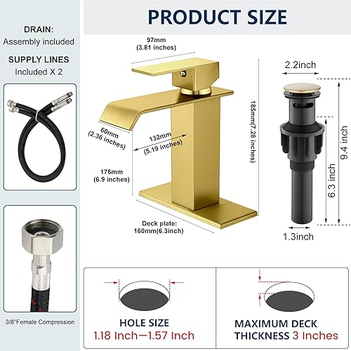 Miniatura 2 de Midanya Grifo para lavabo de baño en cascada de níquel cepillado, 1 mango, montaje en cubierta, 1 o 3 agujeros, grifo mezclador Morden con placa de