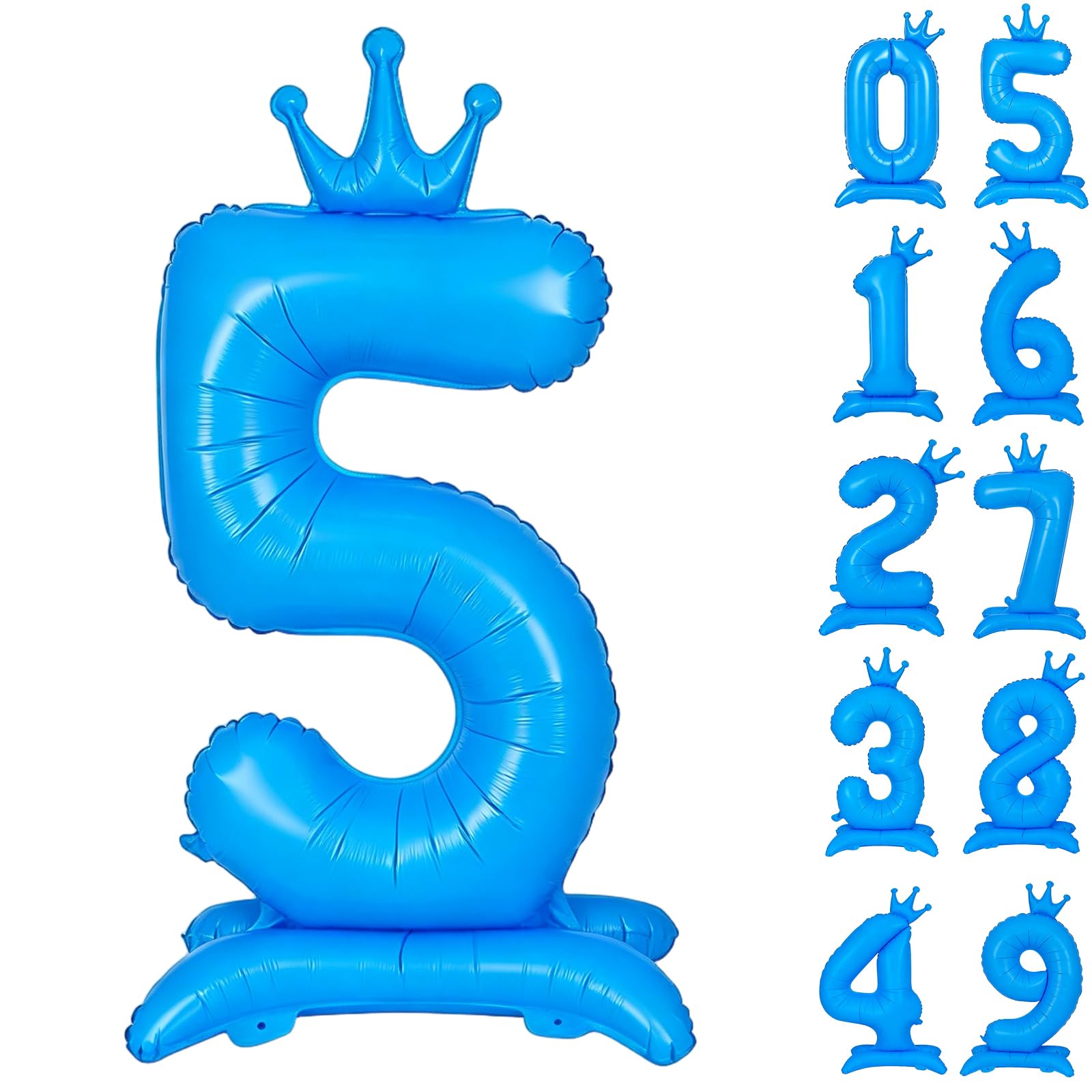 Fluorescent Blue Number 5 Balloon 42 Inch Standing Balloons 0-9 Fluorescent Blue Crown Balloons 5 Giant Foil Number 5 Balloon with Crown Birthday Party Decorations Supplies