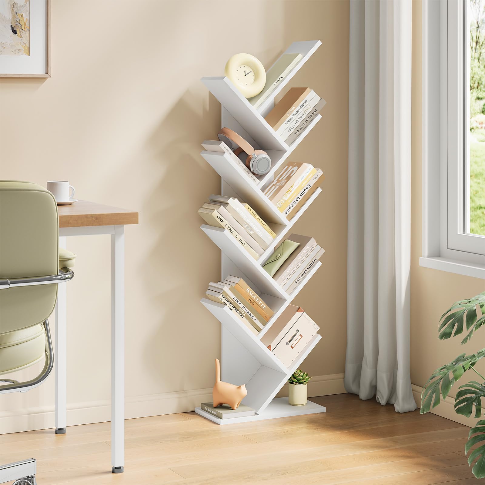 EUGAD Libreria ad Albero Moderna Scaffale Salvaspazio a 9 Ripiani in Legno Porta Libri per Soggiorno Camera Studio Bianco, 40x20x127cm
