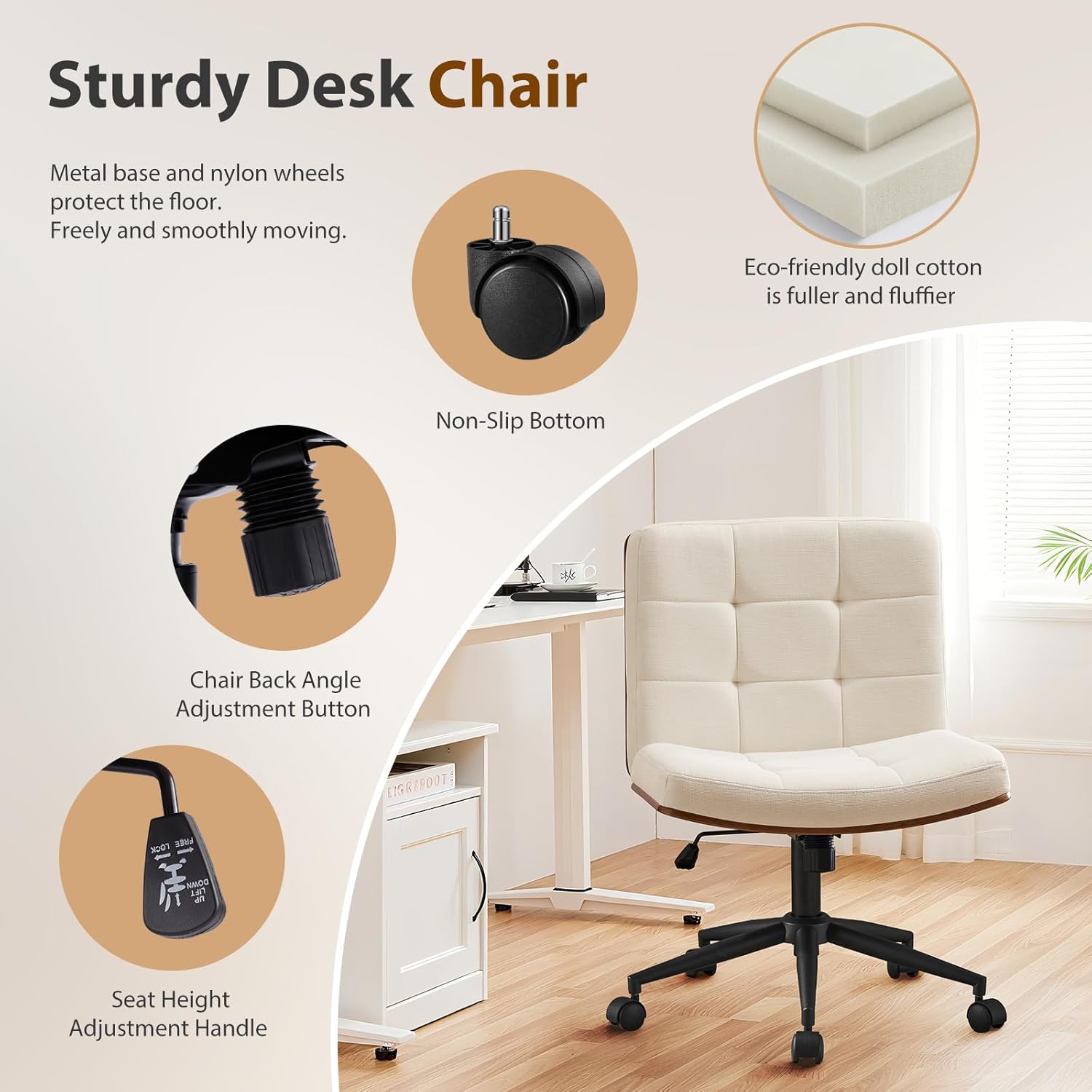 Furnimart Heavy-Duty FSC Wooden Wide Desk Chair, 360° Swivel Criss Cross Office Chair with Wheels, Comfy Cross Legged Sitting, Armless Rolling Chair for Bedroom, Office, Vanity (Linen Beige)