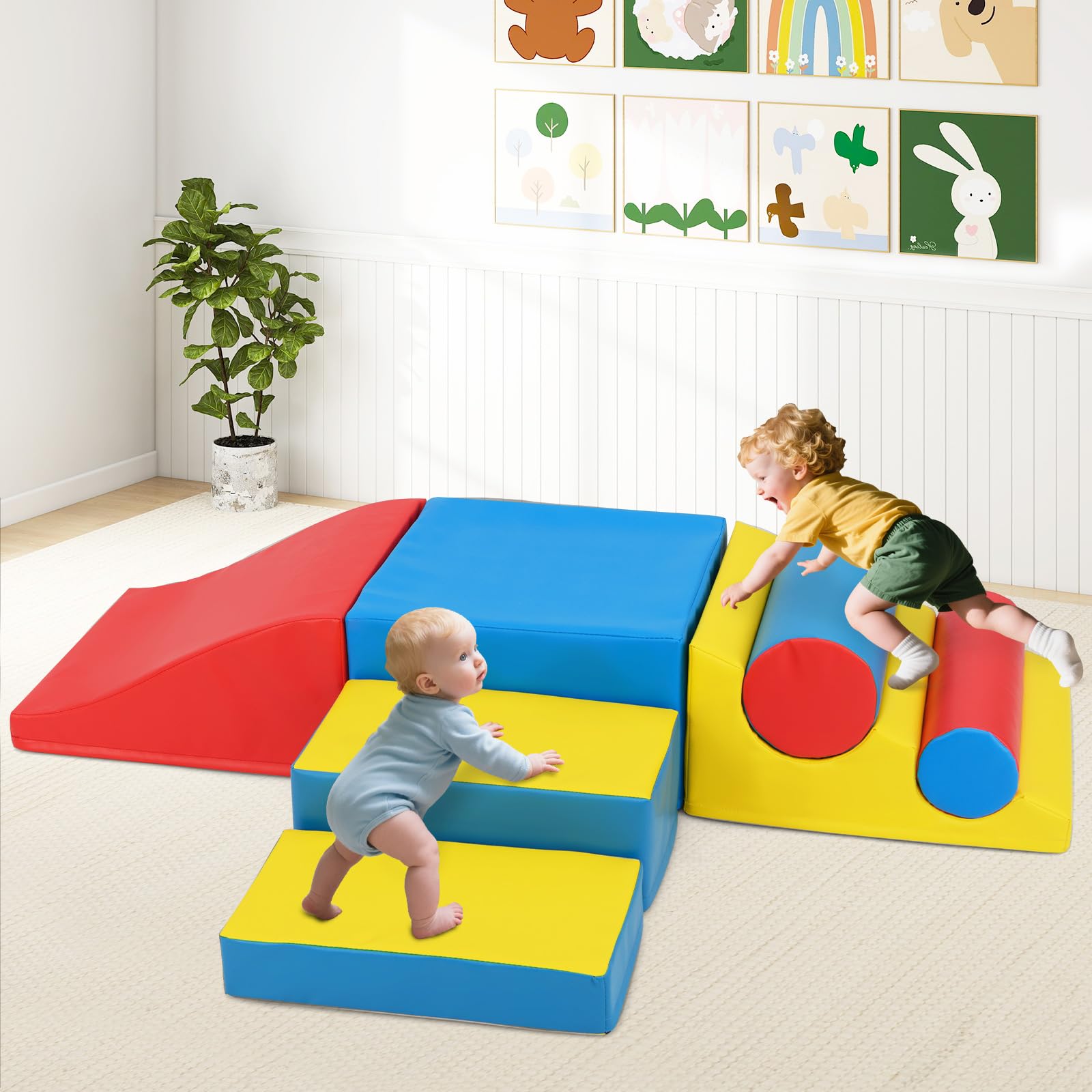 RELAX4LIFE Set 7 Blocchi da Arrampicata per Bambini, in Schiuma con Fissaggi a Strappo, Copertura Impermeabile, Base Antiscivolo, Centro Attività Indoor per Neonati di 1+ Anno