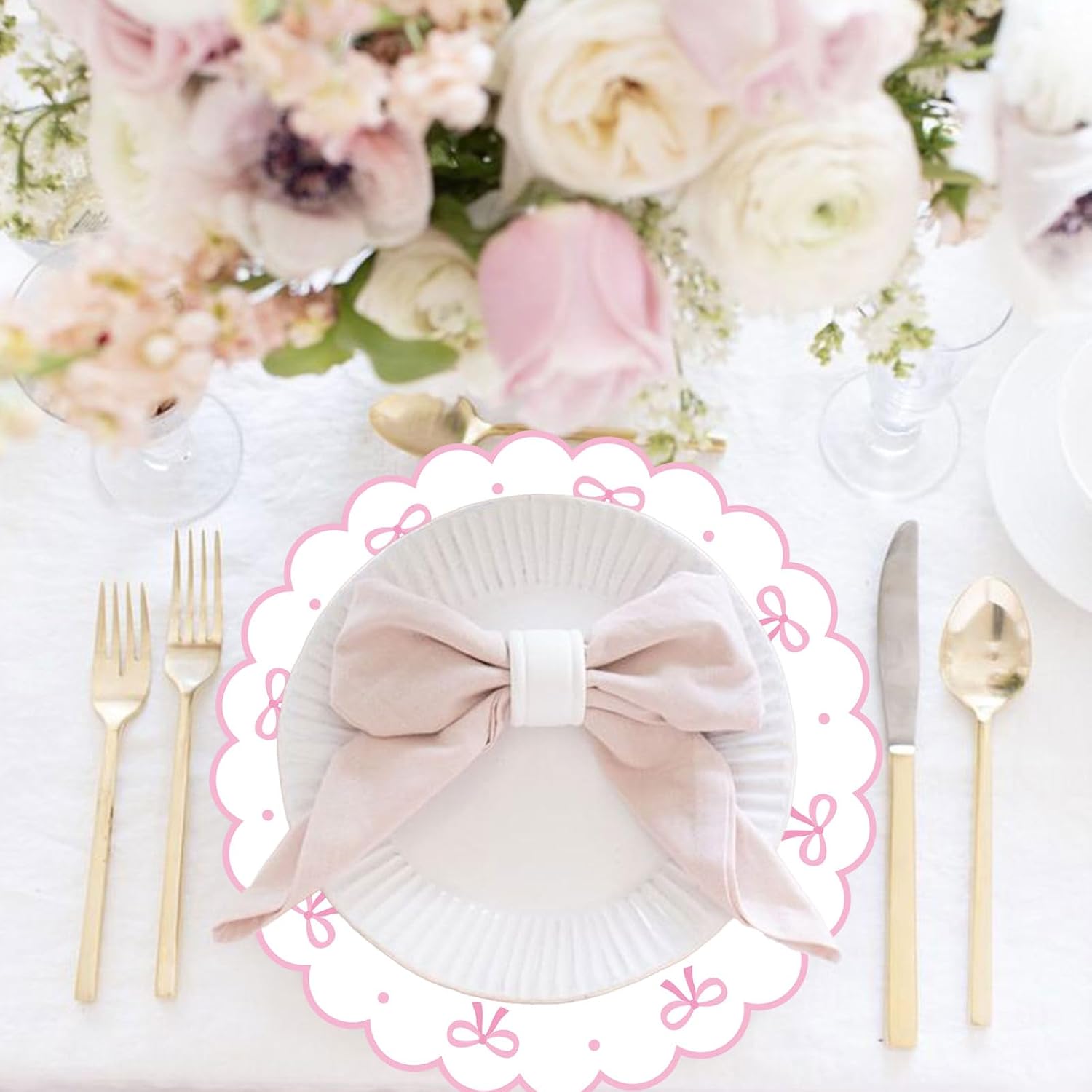 FYSUIMU 50 Pcs Pink Bow Paper Placemats Cute Bowknot Scalloped Round Disposable Table Mats for Wedding Birthday Baby Shower Bachelorette Party Table Setting