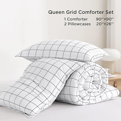 Miniatura 7 de Andency, edredón de rejilla blanca, 3 piezas (1 edredón a cuadros y 2 fundas de almohada), juego de edredón a cuadros Buffalo, edredón a cuadros