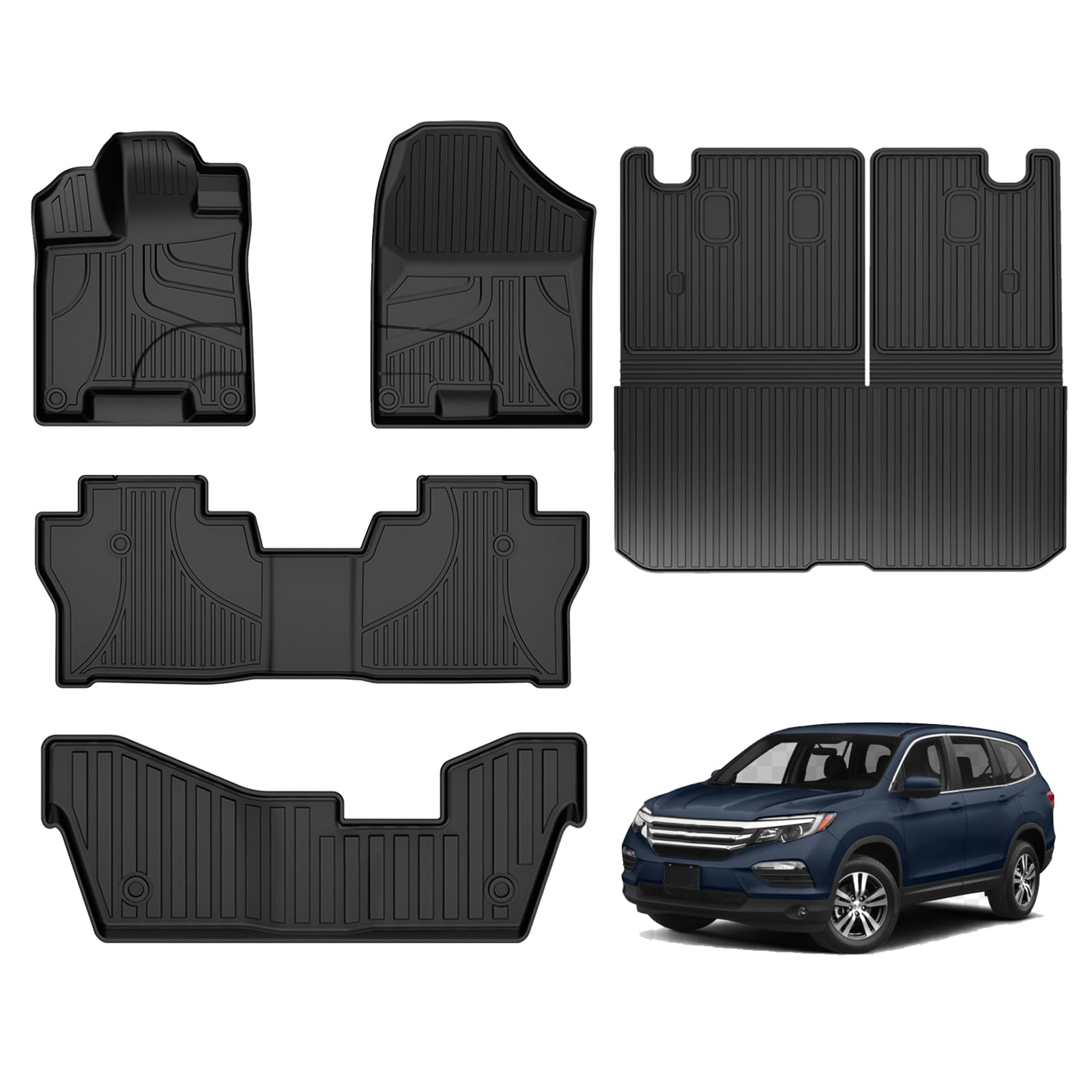 AOMSAZTO Floor Mats Compatible with 2016-2022 Honda Pilot 8 Seats Cargo Mat with Backrest Mat (No Elite Model) Replacement Pilot Accessories Cargo Liner (Trunk Mat with Backrest Mat + Floor Mats)