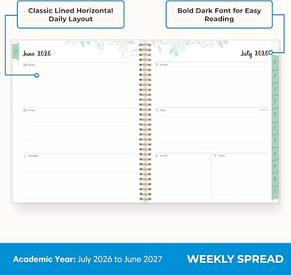 Blue Sky 2026-2027 Weekly & Monthly Academic Planner, 8.5x11, Laurel | July 2026 - June 2027, Flexible Cover, Wirebound, Laminated Tabs, Storage Pocket, Academic Year