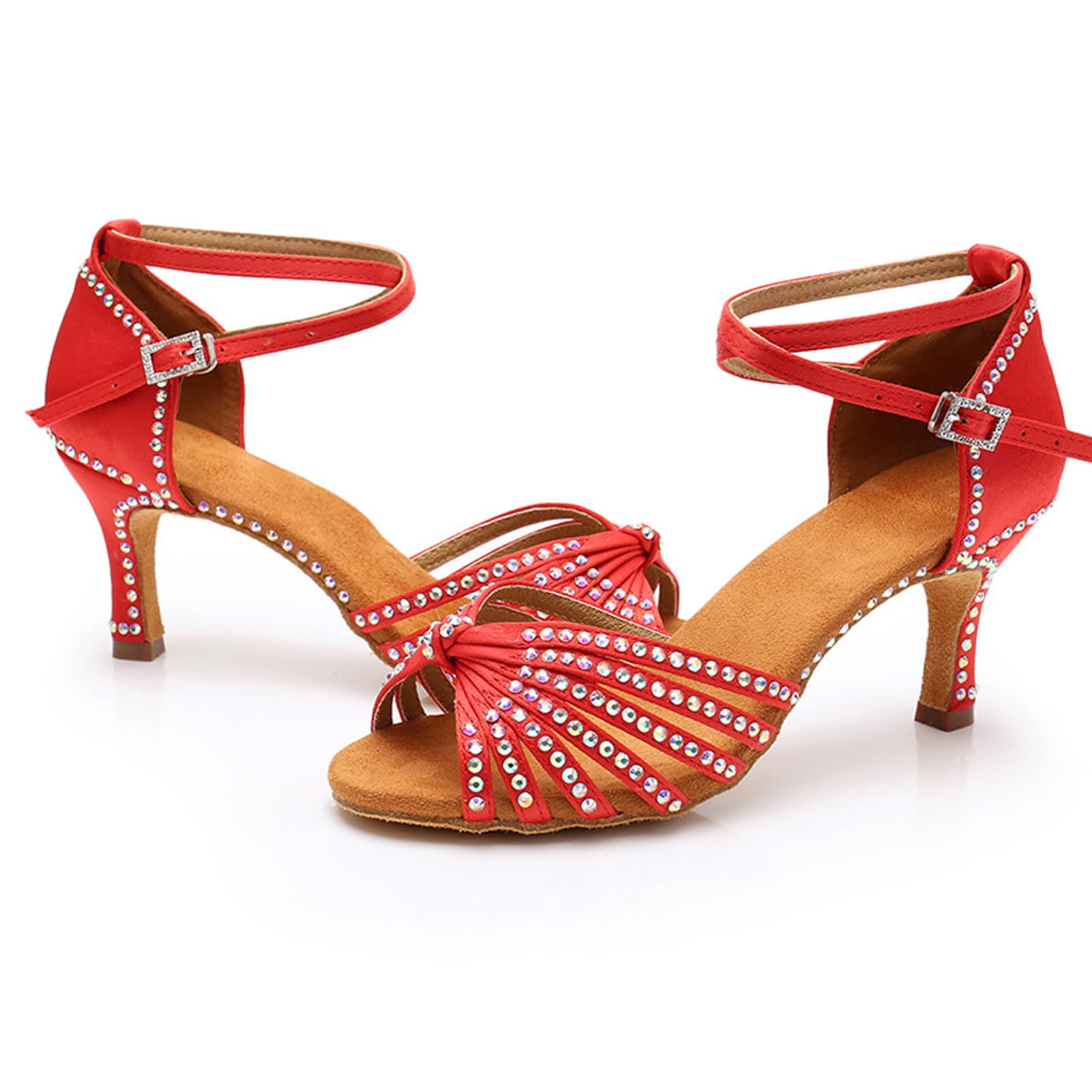 Nowe buty do tańca latynoskiego z diamentową wkładką dla kobiet dorosłych na środkowym obcasie miękka podeszwa buty do tańca wysokie obcasy z diamentowymi butami do tańca Cha-cha, A436 czerwony obcas