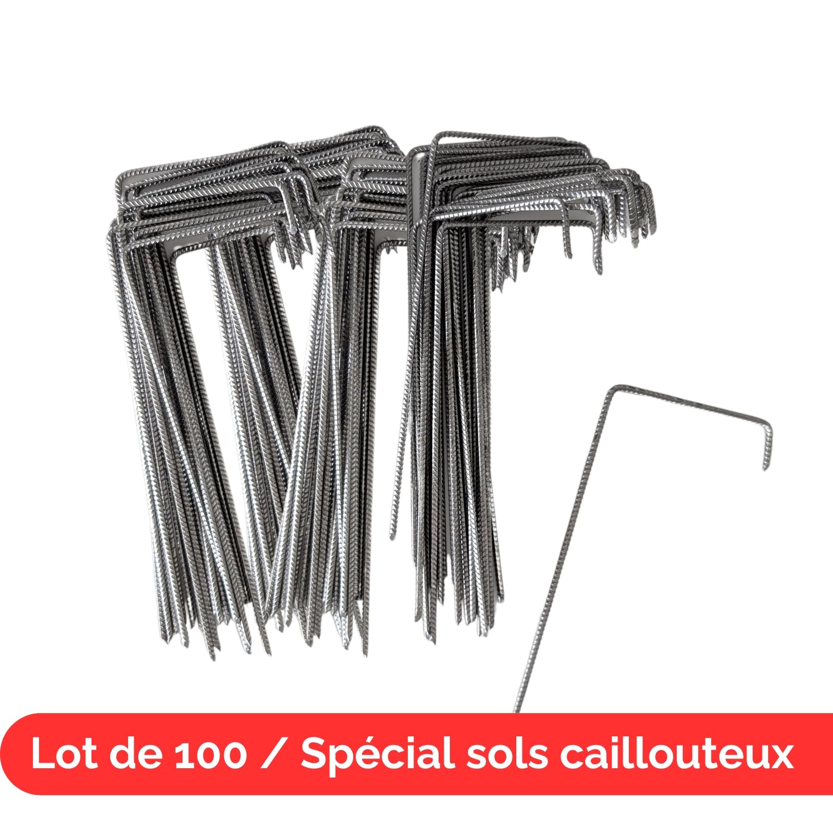 Lot de 100 Agrafes Spécial Sol Dur ou caillouteux Fixation Métal pour Toile de paillage ou géotextile avec Pointes biseautées 24cmX9cmX4cm