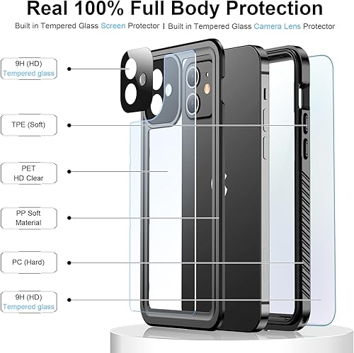 Miniatura 4 de Temdan Funda pesada a prueba de golpes para iPhone 12 y iPhone 12 Pro con 2 protectores de pantalla de vidrio  2 protectores de lente de cámara A