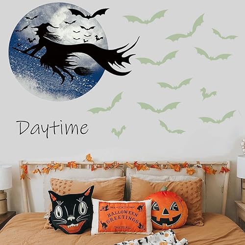 Miniatura 2 de Calcomanías de pared de Halloween que brillan en la oscuridad, diseño luminoso de bruja, murciélago de Halloween, calcomanías de decoración de