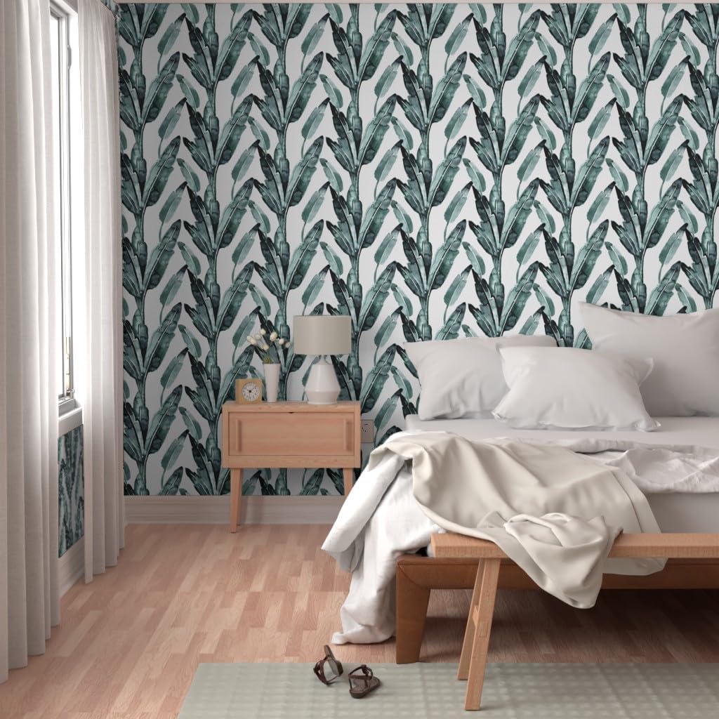 Peel & Stick Wallpaper 3ft x 2ft - Banana Leaves Blue Sage Leaf Tropical Birds Paradise Gray Modern Botanical Green White Print Custom Removable Wallpaper by Spoonflower