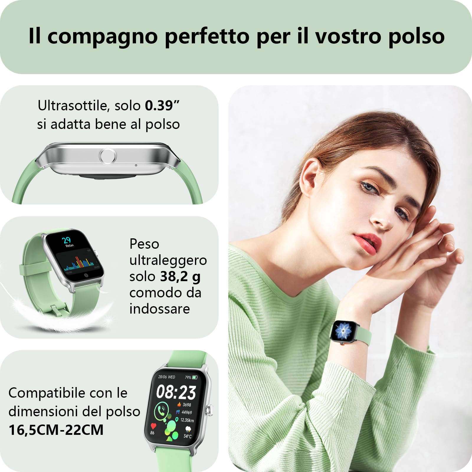 Smartwatch Uomo Rispondi/Effettua Chiamate e Alexa, 1.8" Orologio Smartwatch SpO2/Frequenza Cardiaca/Sonno/Stress, 120 Modalità Sport, Orologio Fitness IP68 Regalo Uomo (verde, 1.8)