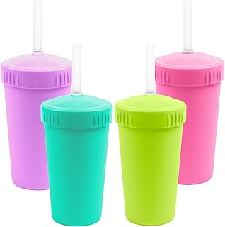 10 oz. Straw Cups for Kids with Silicone Locking Straws - Dishwasher & Microwave Safe - Made in USA - Set of 4-7.37" x 7.37" x 1.25" - Mermaid