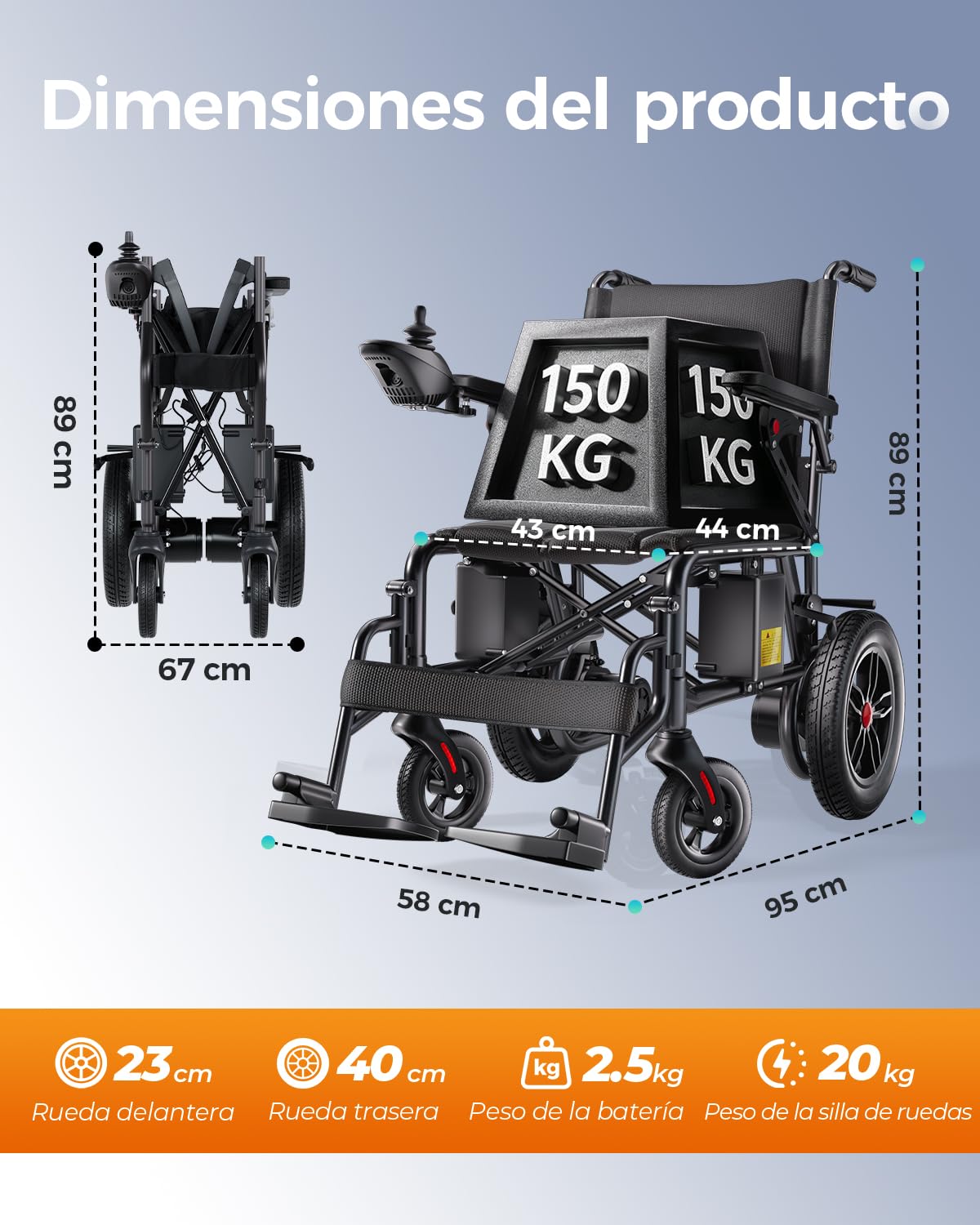 Silla de ruedas eléctrica para adultos, con una autonomía de 25 km, ligera, plegable, silla eléctrica motorizada para movilidad interior/exterior – tamaño compacto – Negro
