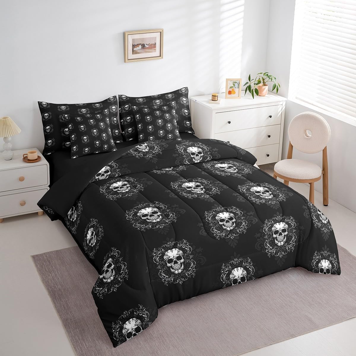 Sugar Skull Comforter Set With Sheets 7 Piece For Boys, Black Damask Bed In A Bag Queen Size Halloween Skeleton Bones Bedding Sets For Kids Teens Adult, Gothic Spooky Bohemian Exotic Sheet Set