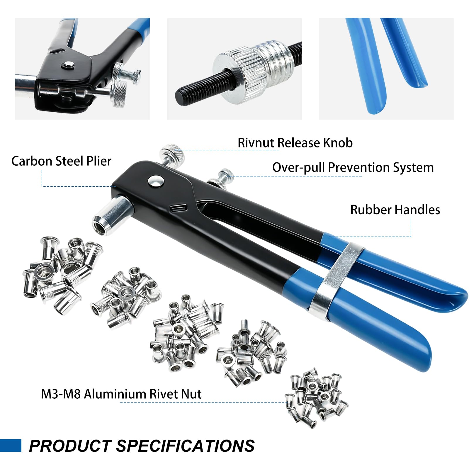 BOOMSTART Kit de Pince Ecrou Riveter, Pince à Ecrou Aveugle, 86pcs Écrou M3 M4 M5 M6 M8 et Pince, Pince a Sertir Insert Fileté Set